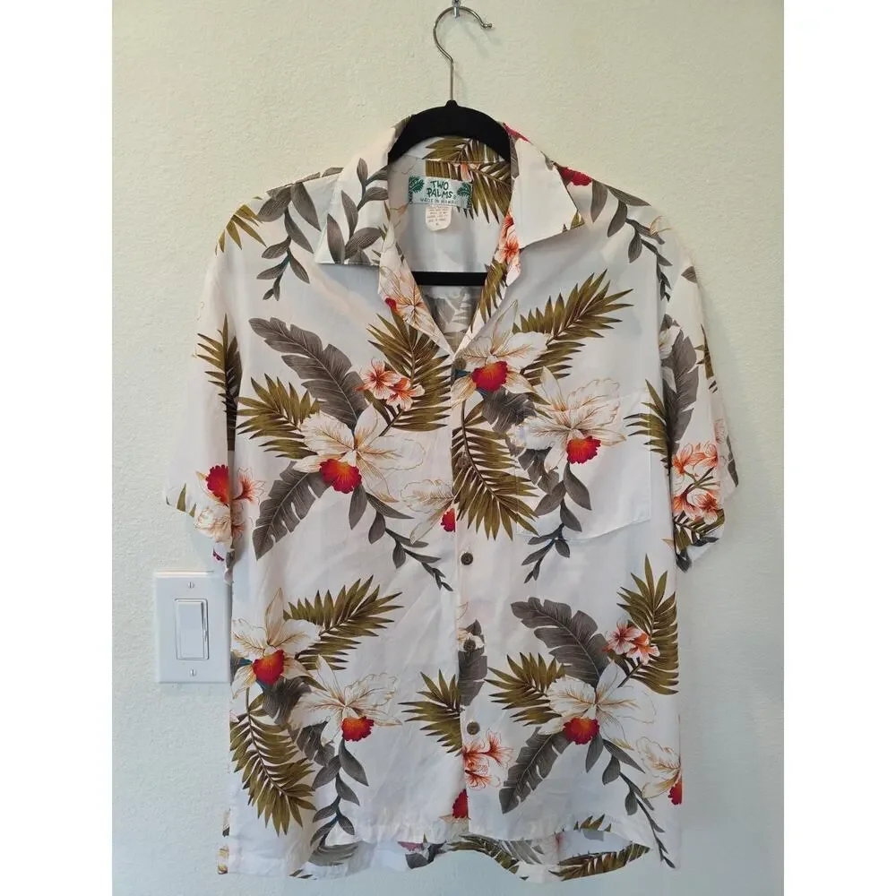 VTG Two Palms Mens Palm&Orchid Button Up Hawaiian Shirt Sz M Resortwear Tropical